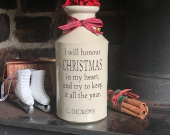 CHRISTMAS themed decor : an antique stoneware bottle with painted words/Charles Dickens quote/Scrooge/keepsake