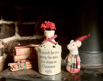 CHRISTMAS themed decor : A lovely genuine antique stoneware bottle with painted words/quote/missing you/love/family gift/keepsake