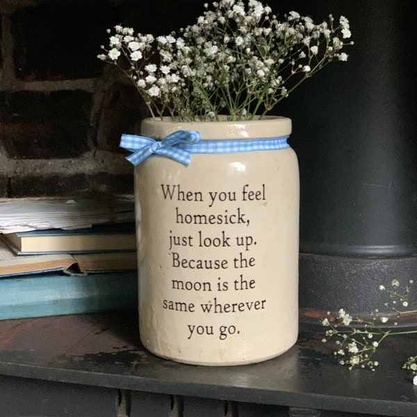 A lovely genuine antique stoneware pot/jar with painted words/gift/keepsake/home decor/going away/missing you/homesick/leaving home