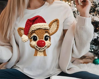 Faux Crochet Reindeer Christmas Sweatshirt: Festive Holiday Shirt
