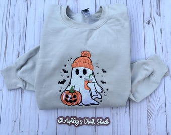 Embroidered Ghost Sweatshirt: Iced Coffee, Pumpkin, Spooky Season