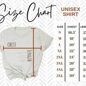 May include: Size chart for a unisex shirt, showing chest and length measurements in inches for sizes S through 5XL.