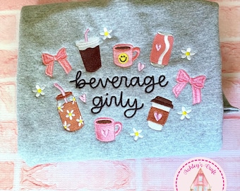 Beverage Girly Embroidered Sweatshirt, Coffee Lover Pink Drink Apparel