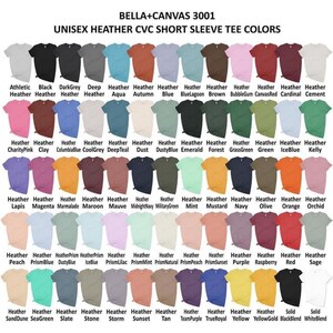 May include: A chart showing 50 different colors of Bella + Canvas 3001 unisex heather CVC short sleeve t-shirts. The colors are arranged in rows and columns, with the name of each color listed below it.