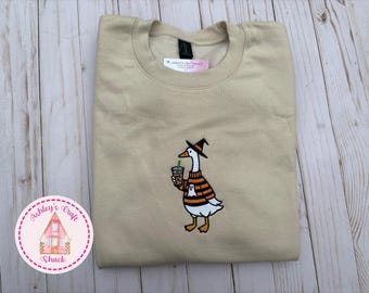 Embroidered Witchy Goose Sweatshirt: Iced Coffee, Pumpkin, Spooky Goose