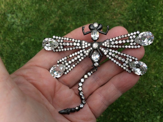 Vintage French Big Dragonfly Diamante Brooch by F… - image 4