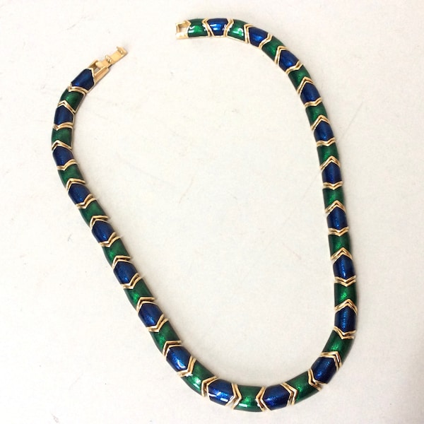 Vintage French Green & Blue Enamel Articulated Necklace. Gilt metal17 inch. Good Quality.