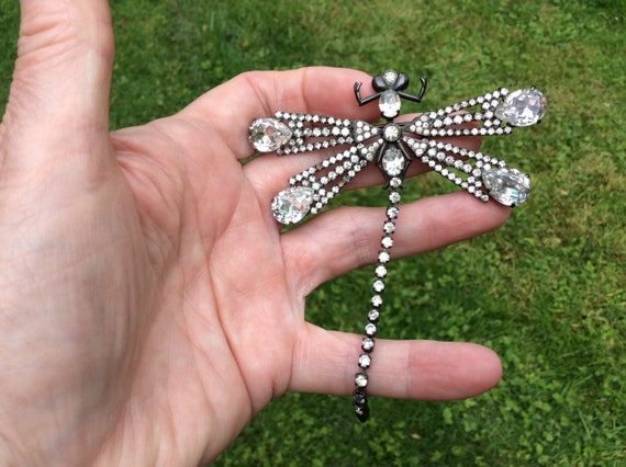 Vintage French Big Dragonfly Diamante Brooch by F… - image 8