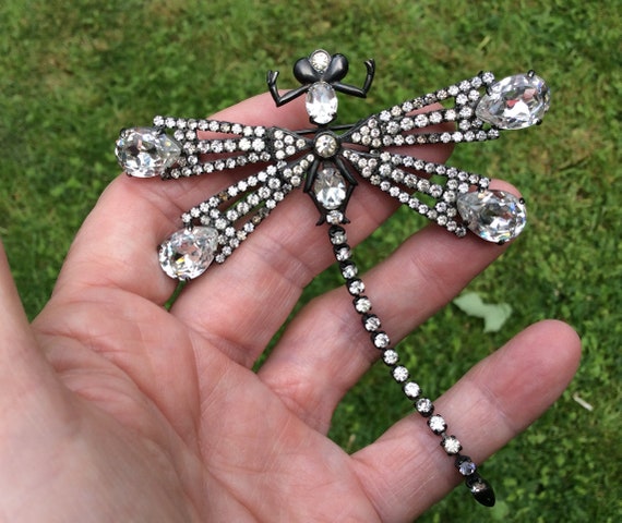 Vintage French Big Dragonfly Diamante Brooch by F… - image 2