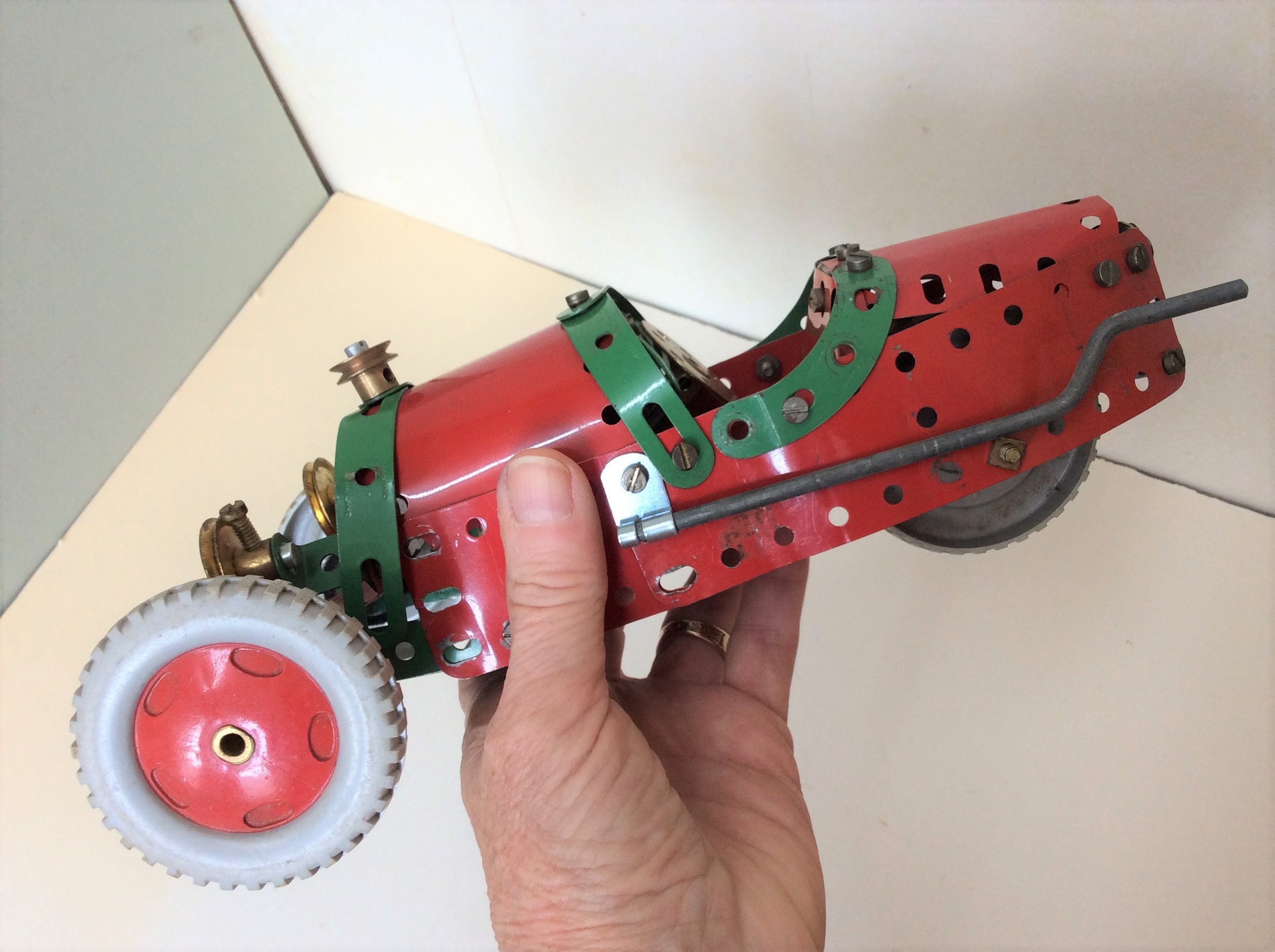 Vintage Meccano Car Scratch Built With Red & Green Meccano Parts