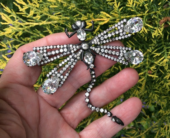 Vintage French Big Dragonfly Diamante Brooch by F… - image 3