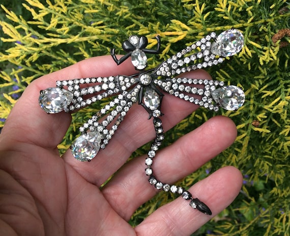 Vintage French Big Dragonfly Diamante Brooch by F… - image 1