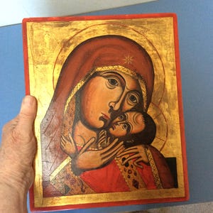 Vintage French Icon Hand Painted on Wood , Virgin Madonna and Baby Jesus.