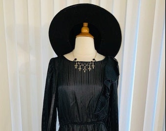 VINTAGE 1970's Sheer Black Goth Witch Alternative Long Sleeve Big Ruffle A-Line Midi Dress Sz M