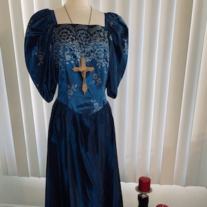 Vintage 1980&#39;s Stunning Prom Formal Blue and Silver Tea Length Goth Witch Alternative Dark Vibes Dress Sz S