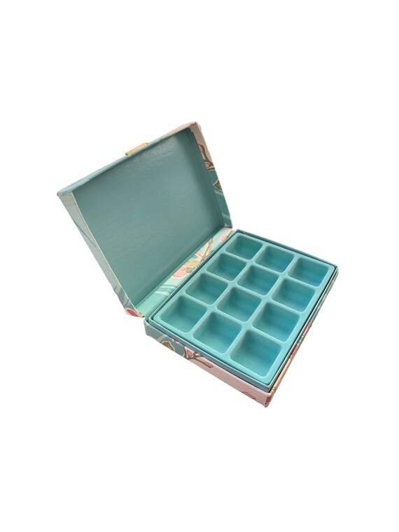 80s Cloth Jewelry Box | Aqua Cloth and Pink Flower