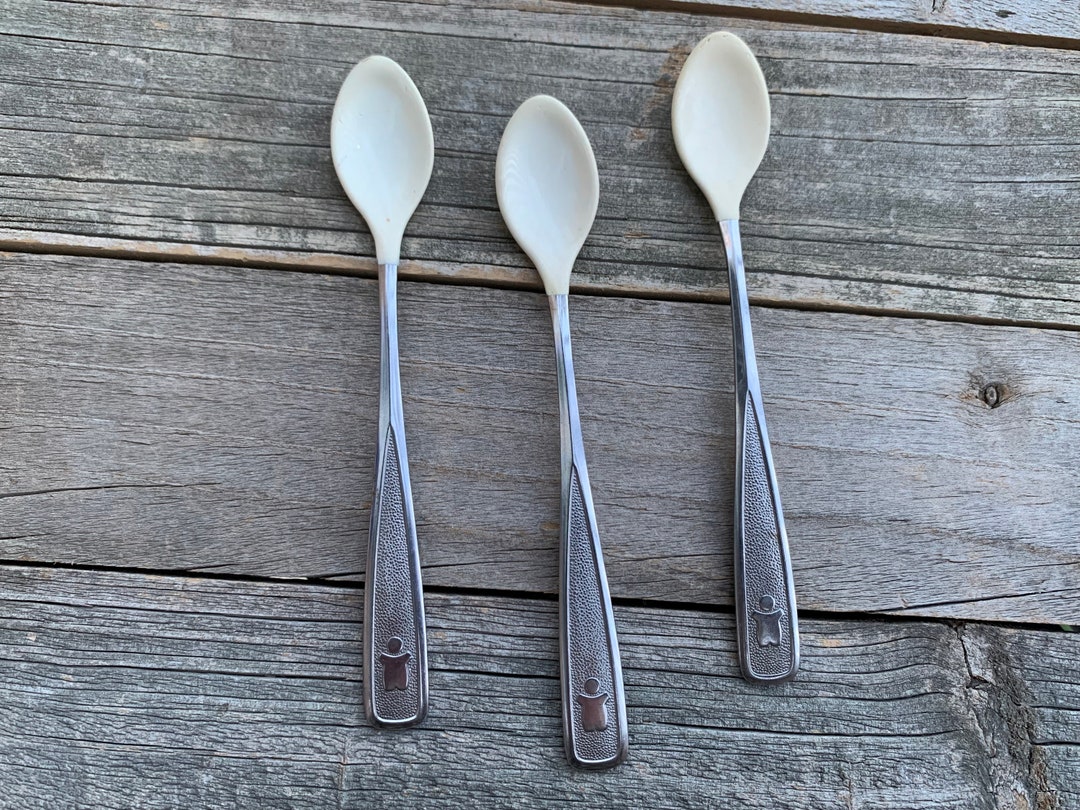 Vintage Baby Spoons Deluxe Stainless 80the First Years Japan Set of 3 Spoons White Rubber Spoon