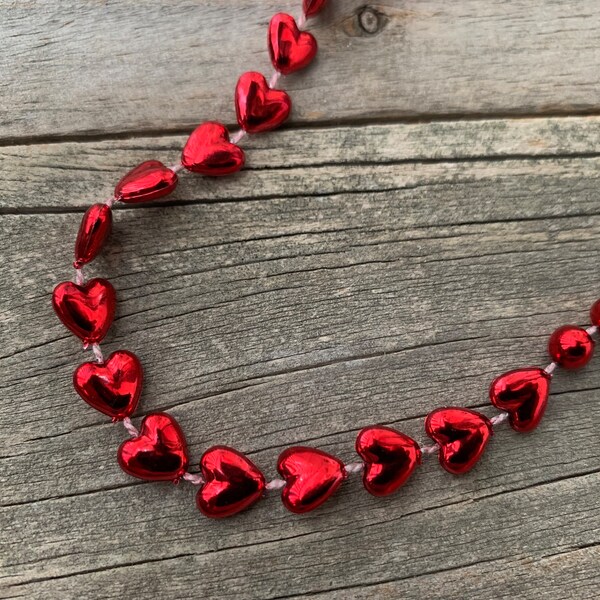 80s Red Heart Necklace | Metallic Red Heart Necklace | Plastic Hearts