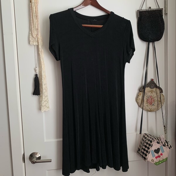 90s Black Slinky Dress | Short Sleeves | V Neck Dress