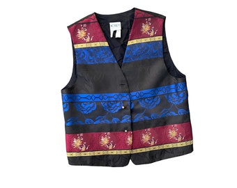 Vintage Vest by Koret | Black Vest with Floral Oriental Designs | Size L-XL | 80s Vest | 90s Vest