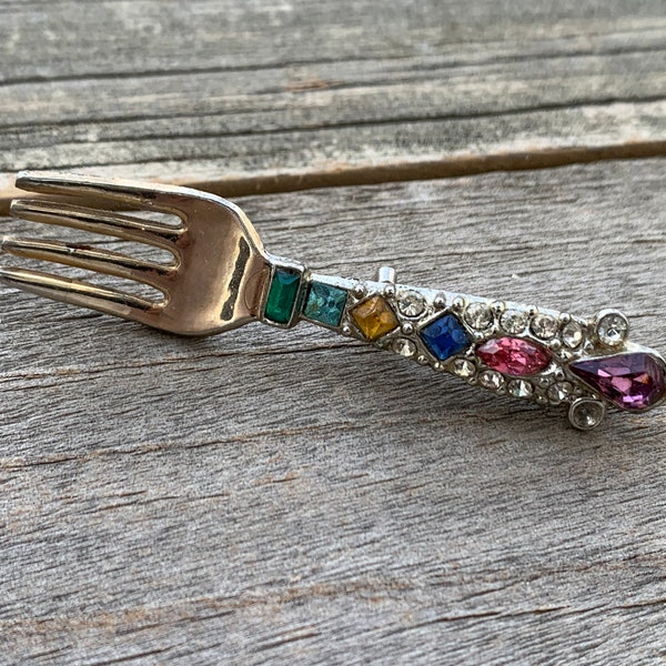 Vintage Jeweled Fork Brooch | Gemstone Rhinestones | Silver Fork | Fork Pin