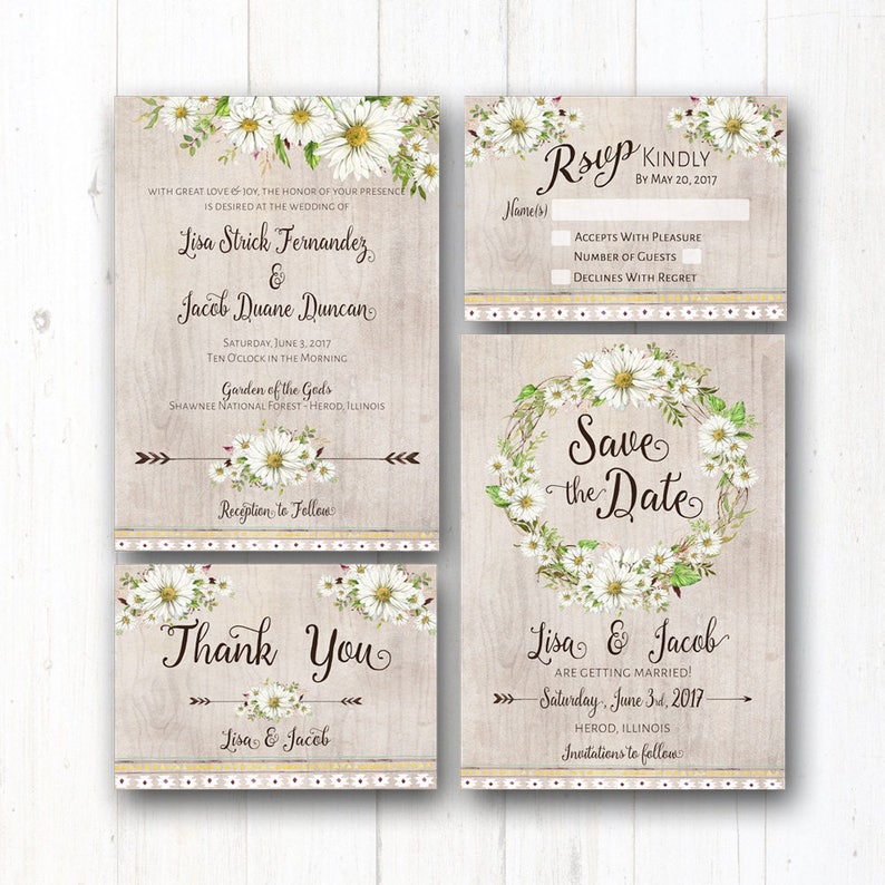 Daisy Wedding Invitation Suite Rustic Wedding Daisies Boho Etsy