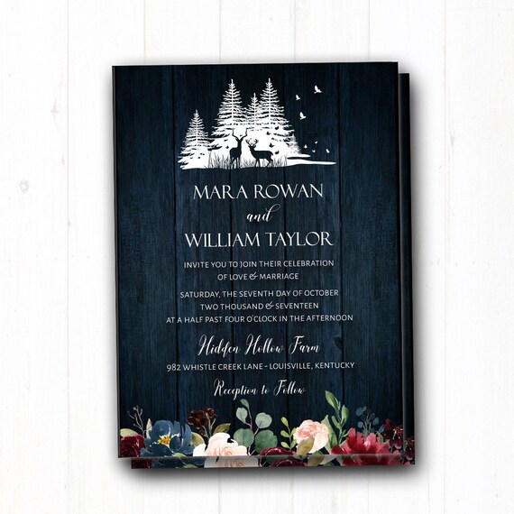 Rustic Navy Deer Wedding Invitation Winter Woodland Forest Etsy