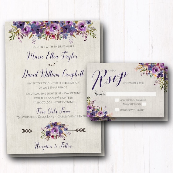 Purple Wedding Invitation Rustic Wedding Invites Violet Etsy