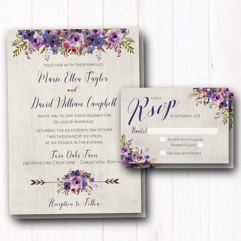 Purple Wedding Invitation Rustic Wedding Invites Violet Etsy