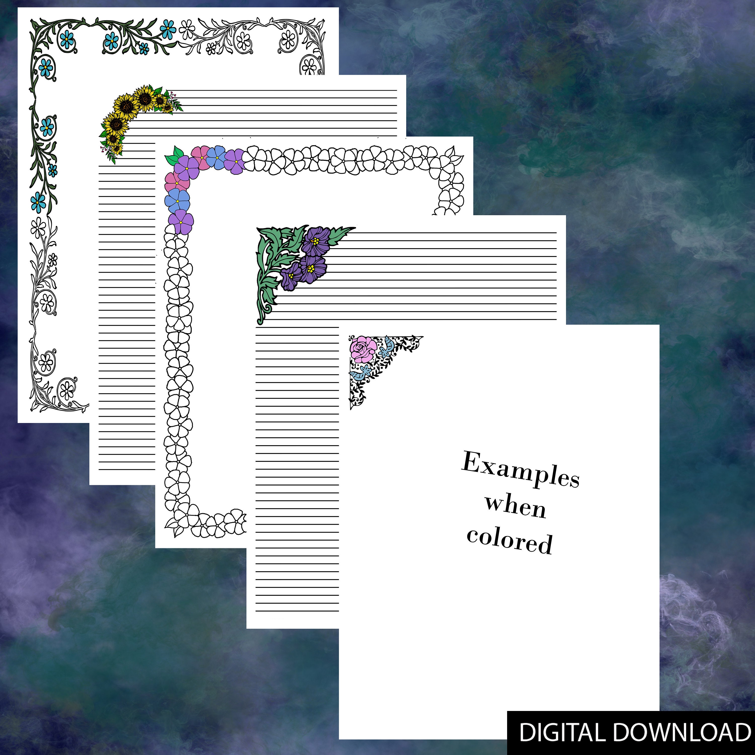 Printable Floral Themed Lined Paper Coloring Pages for Book Etsy