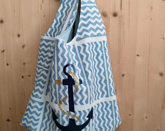 Bag carrying bag cotton maritime anchor blue shoulder bag handle wide large