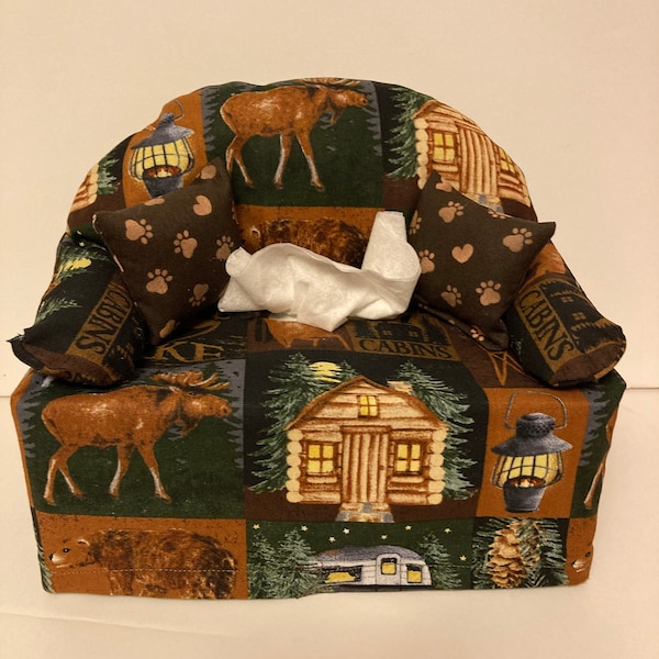 fabric sofa couch tissue box cover--  adirondack wildlife, hiking, camping