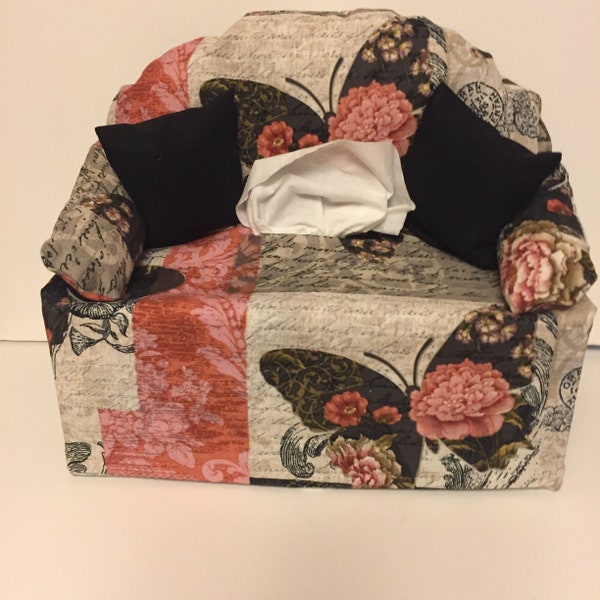 sofa tissue box cover -butterflies with flowers and black pillows