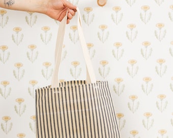 Grocery Bag // The Original Waxed Canvas Grocery Bag // Farmers Market Bag in Navy Ticking Striped // Brown Bag