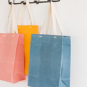 Grocery Bag // The Original Waxed Canvas Grocery Bag // Farmers Market Bag in Sky Blue // Brown Bag image 1