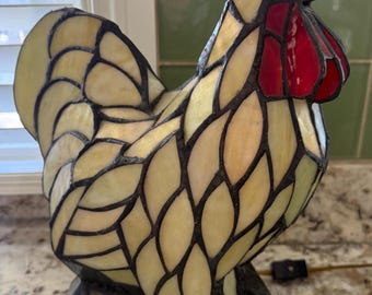 Vintage Tiffany style-stained glass rooster accent lamp, Farmhouse decor,
