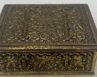 Antique Victorian Brass Cherub Box, Embossed Trinket Jewelry Storage