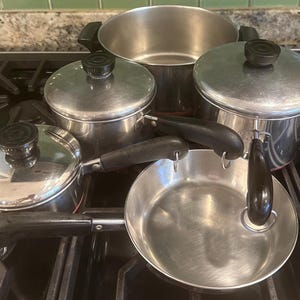 Vintage Revere Ware Copper Bottom Cookware Set, Clinton Ill, Rome NY, USA, 4 Pots, 3 Lids, 1 Fry Pan