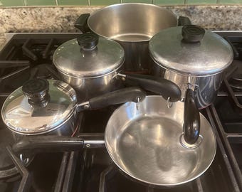 Vintage Revere Ware Copper Bottom Cookware Set, Clinton Ill, Rome NY, USA, 4 Pots, 3 Lids, 1 Fry Pan