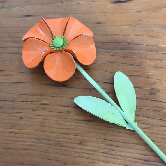 Vintage enamel flower pin, orange,green,Vintage J… - image 5