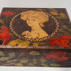 Antique Art Nouveau Burnt Wood Painted Pyrography Box, Art Deco Design, Vintage wood box, Tabletop wood box, Trinket Box, Keepsake Box