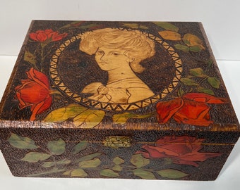 Antique Art Nouveau Burnt Wood Painted Pyrography Box, Art Deco Design, Vintage wood box, Tabletop wood box, Trinket Box, Keepsake Box