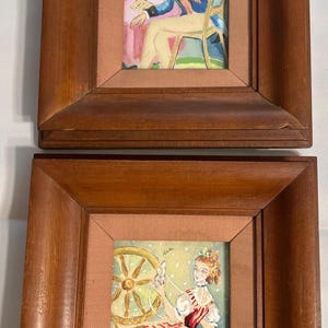 Vintage Hand Painted Watercolor Art Pair, Signed Rae, Wood Frames