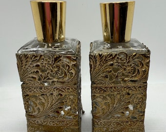Vintage Gold Floral Filigree Perfume Bottles, Vanity Decor, Set of 2