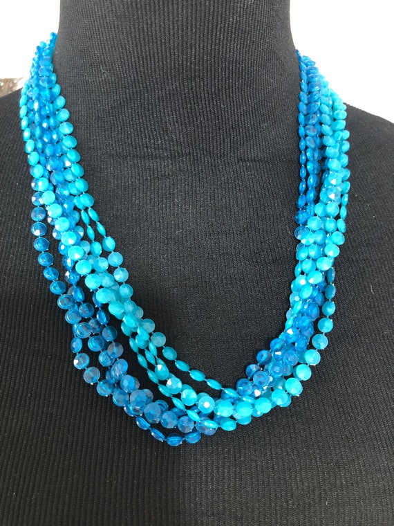 Vintage Plastic Bead Necklace, Aqua multi strand … - image 2