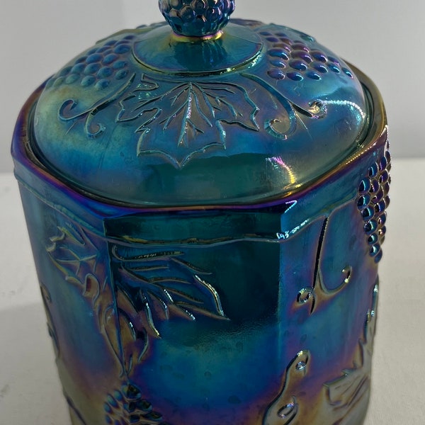 Blue Carnival Glass, Iridescent Blue and Green, Indiana Glass, Harvest Grape Collection, Canister 7"