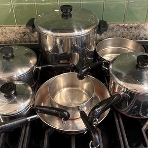 Vintage Revere Ware Copper Bottom Cookware Set, Clinton Ill, Rome NY, USA, 5 Pots, 4 Lids, 1 Fry Pan, 1 Steamer