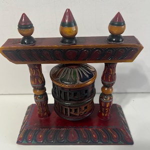 Vintage Tibetan Prayer Wheel,  Hand carved painted wood prayer wheel, Buddhist Prayer Wheel