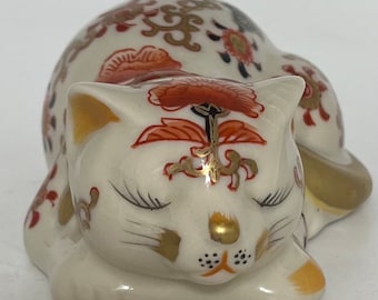 Porcelain Sleeping Cat, Japanese Porcelain, Nemuri Neko, Rare Kutani, Hand Painted, signed, 5" x 3.5", Andrea ,Sadek, Japan 1986