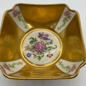 Vintage Fine Concorde China Square Bowl, Rare vintage Concorde China Gilt and Floral Porcelain bowl, Trinket Dish